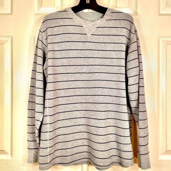 LL BEAN THERMAL TOP HEATHER GRAY w BLUE STRIPE L - Picture 1 of 6